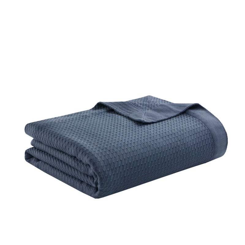 Madison Park 100% Egyptian Cotton Lightweight Summer Blanket, Breathable Waffle Knit Design, Soft Cozy All-Season Throw for Bed, Couch or Sofa, Blue Full/Queen Size (90"x90") - Image 1